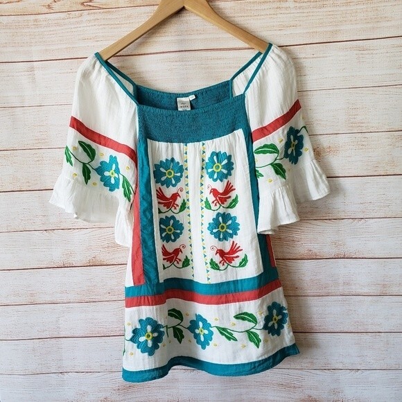 Anthropologie Seen Worn Kept 100% Cotton Embroidered Ruffle Sleeve Tunic/Top - Picture 5 of 15